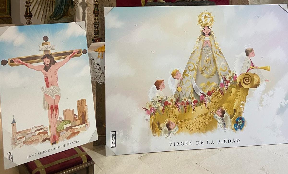 Cristo y Virgen juntos en los cuadros de la Hermandad Mayordomía durante las celebraciones de agosto 2025